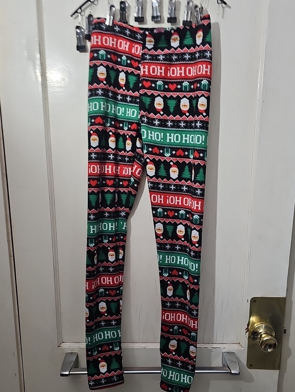 Womens Christmas 'HO HO' Stretch Fleece Lined Leggings - Red, Green, Black